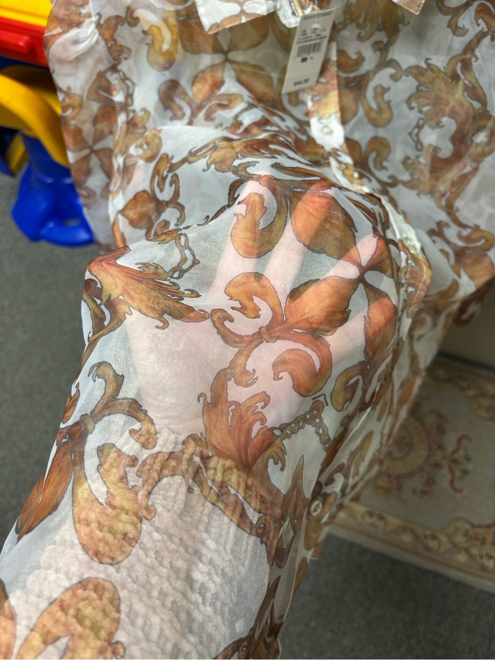 Ashley Stewart Sheer Button-Up Blouse — White with Gold-Tan Print - Picture 2 of 5